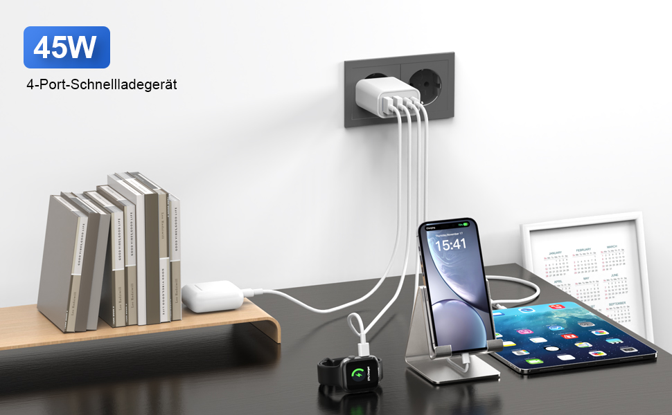 Блок зарядки Romalux 2A2C з 4 портами USB-C та USB-A, 45W, для iPhone, Samsung та інших пристроїв