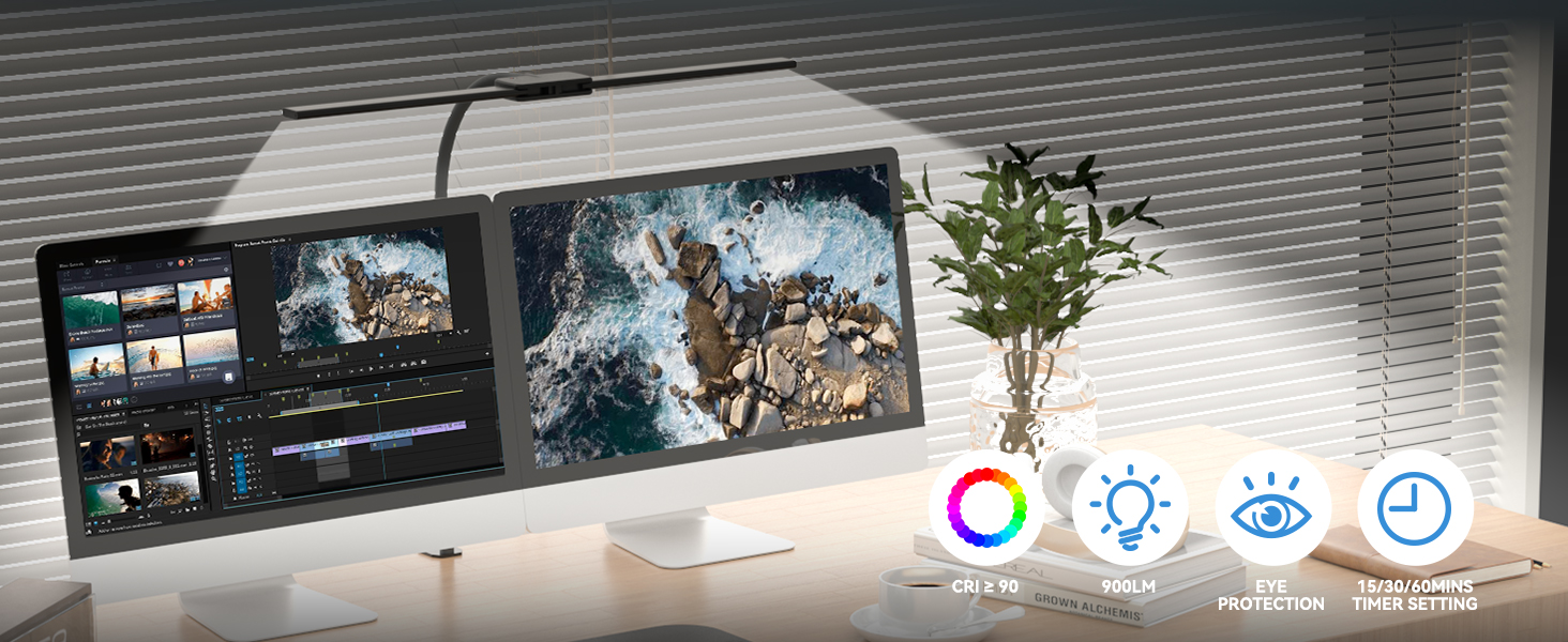 LED настільна лампа Rigors 60 см з регулюванням яскравості, 900 лм, денне світло, захист очей, 5 кольорів, 10 рівнів яскравості, гнучкий 360° шийка, з мережевим адаптером, чорний