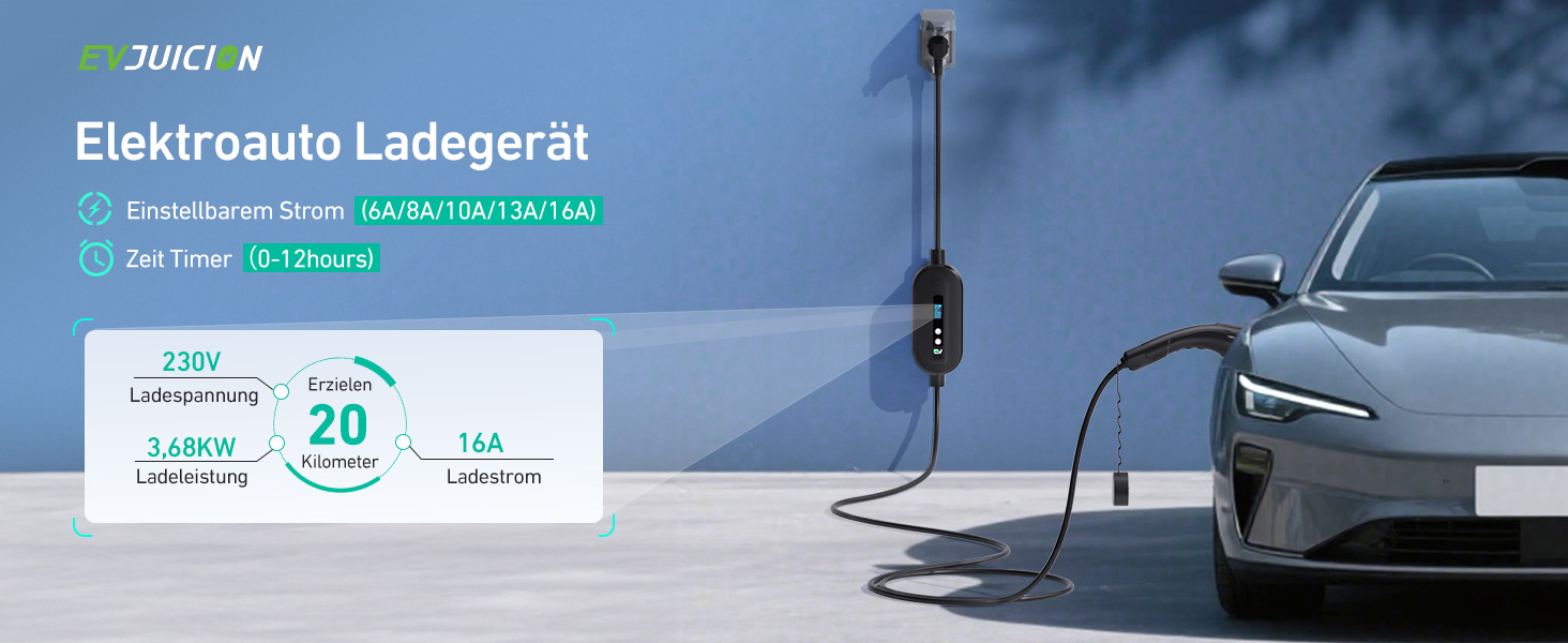 Кабель для зарядки електромобіля EVJUICION Typ 2 Schuko, 3.68kW, 6м, 6-16A, IP67. Підходить для ID.3, ID.4, X1, Model Y/3 та інших PHEV/EV