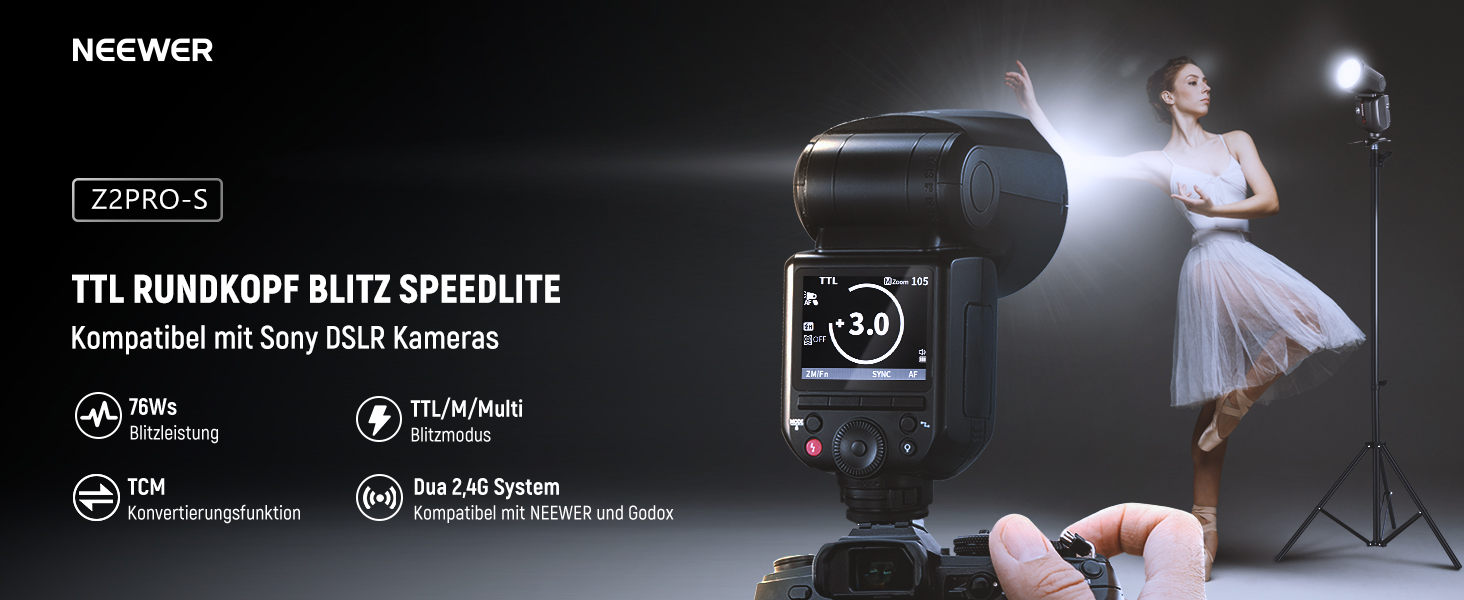 NEEWER Z2-N: Світловий проблиск Speedlite 2.4G TTL для Nikon з моделюючою лампою, швидким перемикачем TCM, HSS 1/8000s, акумулятор 2600mAh