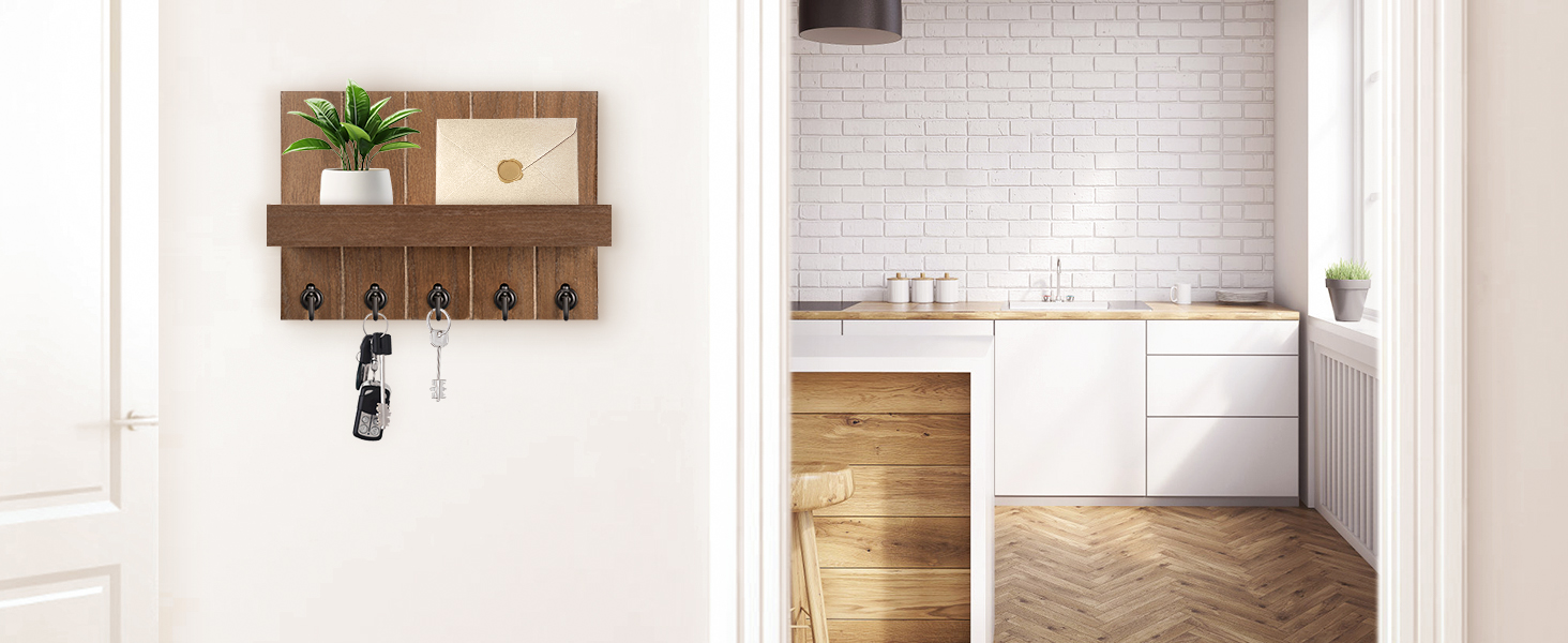 Дерев'яне ключове дощечка з полицею, 5 гачків, для прихожої, спальні, вітальні (колір: коричневий)