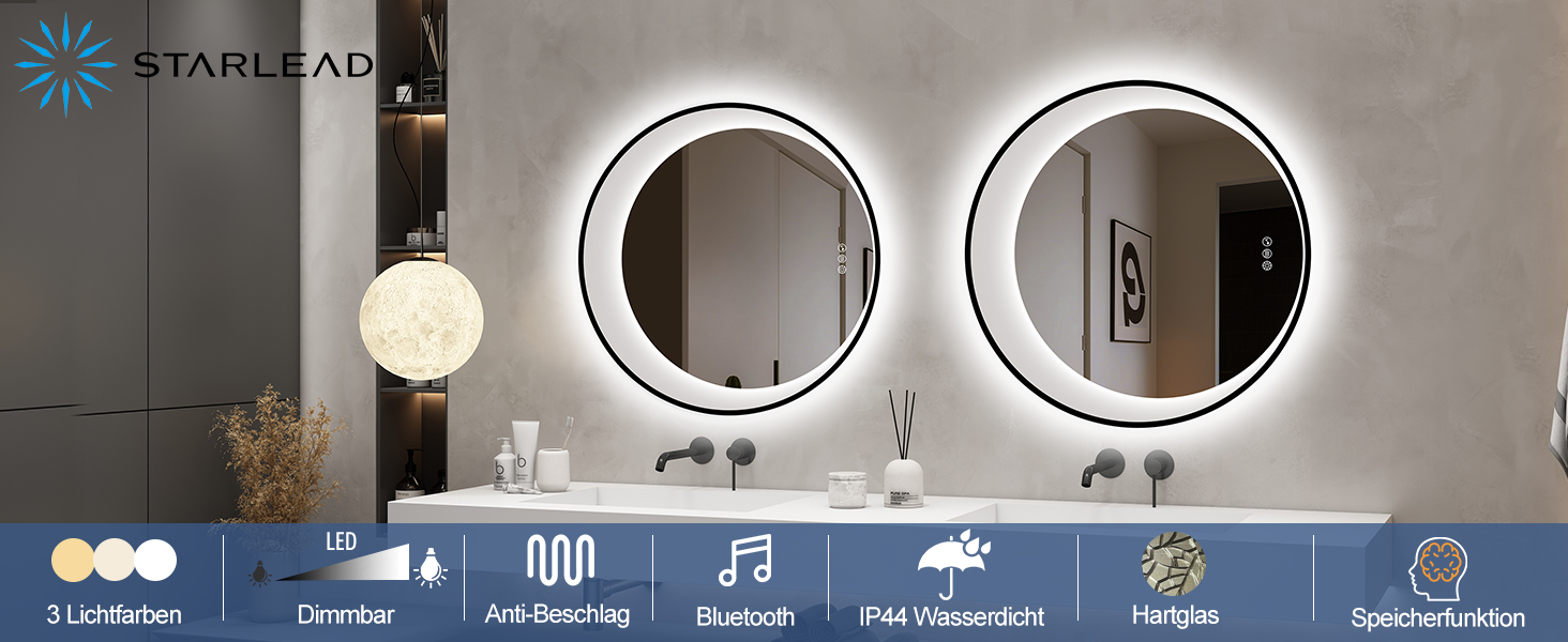 Дзеркало для ванної кімнати STARLEAD з LED-підсвічуванням 90x60 см, Bluetooth, регулювання яскравості, 3 кольори світла, протитуманне покриття, функція пам'яті, HD скло, IP44, горизонтальне/вертикальне, без рамки