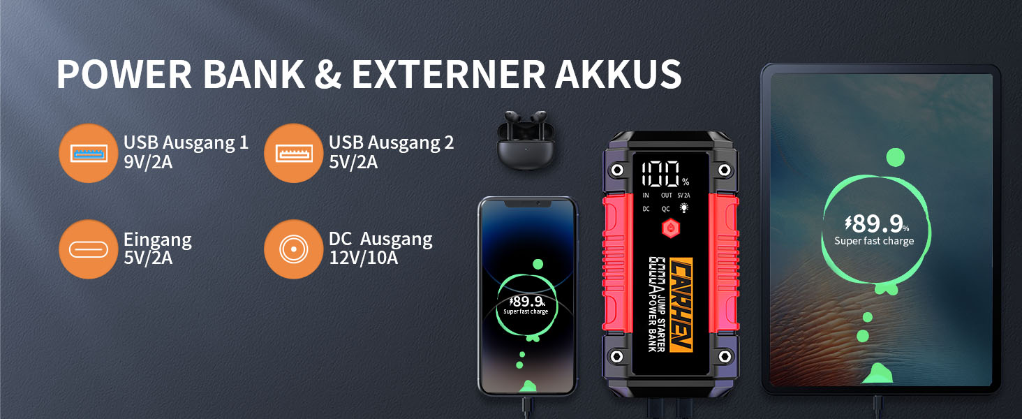 Портативний пусковий блок StarThilfe Powerbank для автомобіля, 6000A, 12V, для бензинових та дизельних двигунів до 10L, з LED ліхтариком