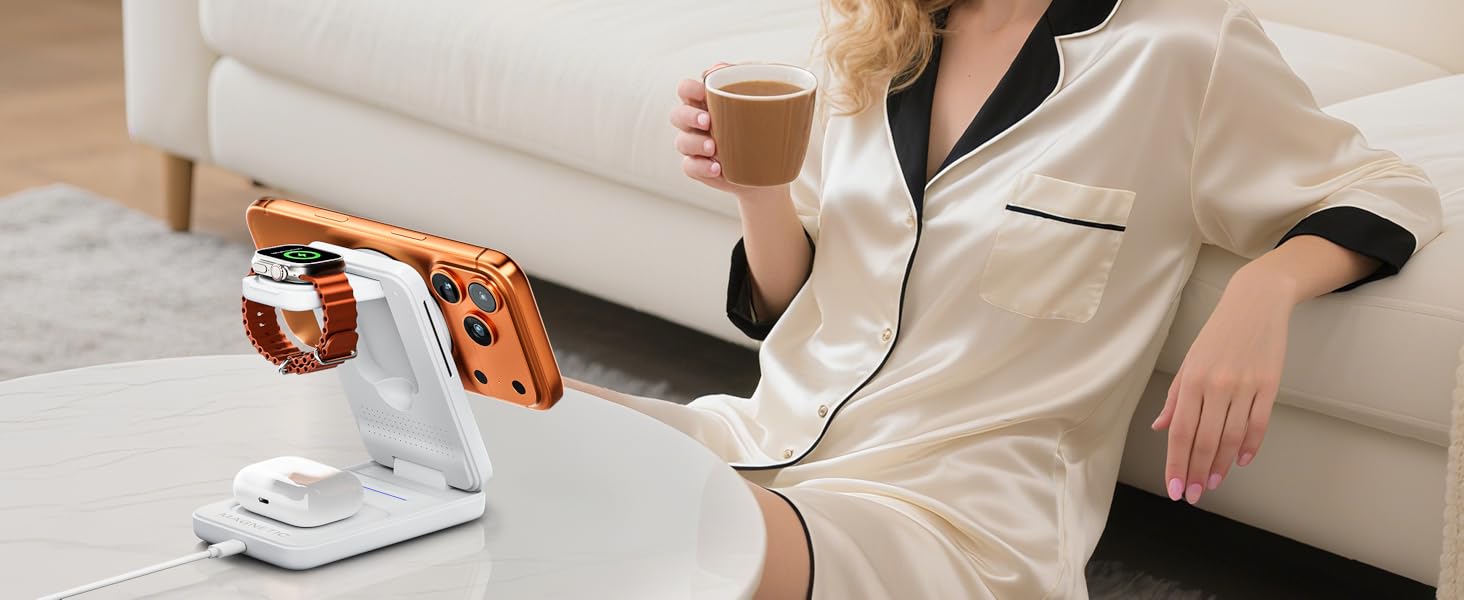 Зарядна станція 3-в-1 KPON для Apple Watch та iPhone з MagSafe, 20W, біла - Швидка зарядка для iPhone 17-12, Apple Watch 11-2, AirPods, портативна для подорожей та офісу