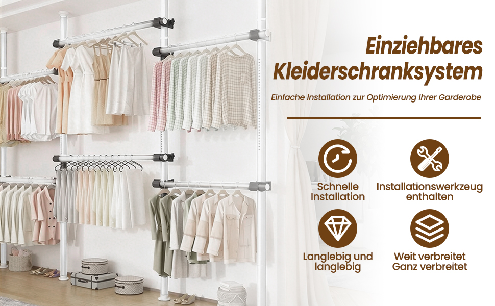 Телескопічна система для гардеробу, штанга для одягу зі 6 штангами, телескопічна шафа для одягу з 2 гачками, регульована полиця 110-300 см, для дому та магазину одягу, білий