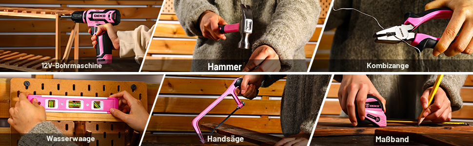 Акумуляторна дриль-шуруповерт DEKO 12V рожева: набір інструментів 238 шт. з акумулятором для дому та ремонту