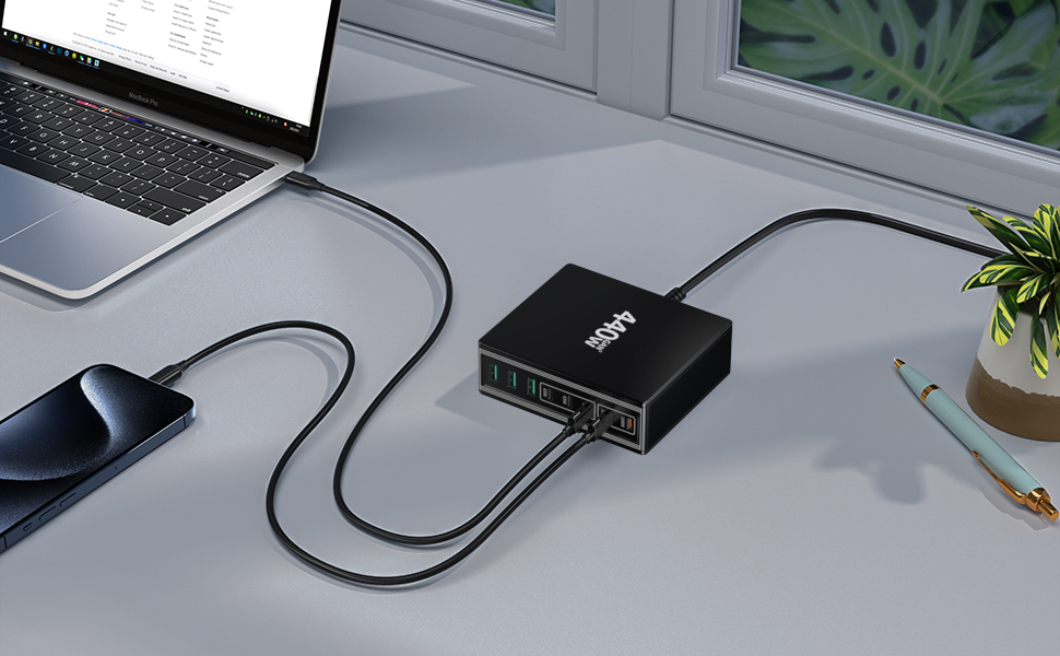 Зарядний пристрій USB-C 440W 8 портів: Швидка зарядка для MacBook, iPad, iPhone 17/16/15, Samsung та інших – чорний