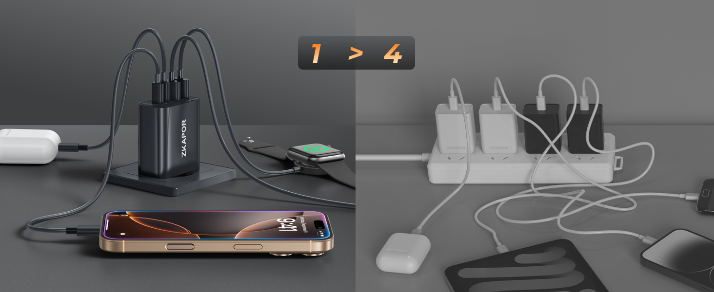 Зарядний пристрій ZKAPOR USB-C з 4 портами, 40W, з підтримкою PD та QC, для iPhone 16/15/14, Samsung Galaxy, Huawei, iPad Pro/Air, білий/чорний
