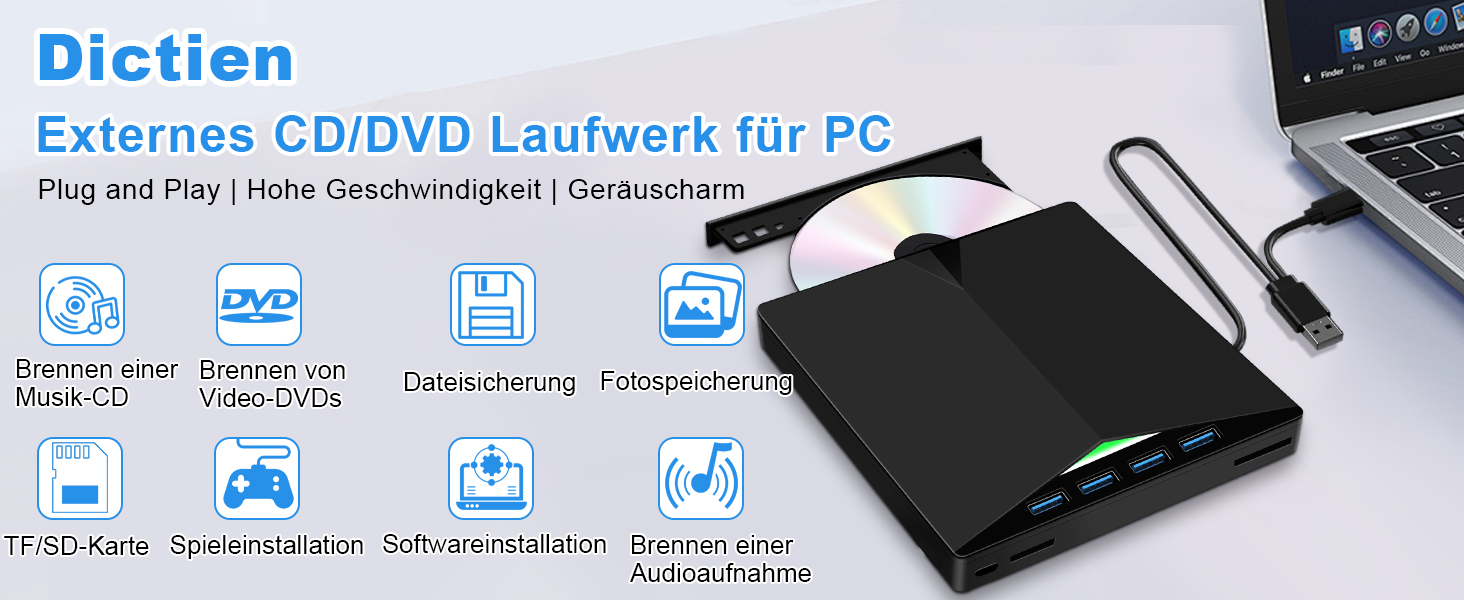 Зовнішній USB 3.0 CD/DVD привід-записувач з Type-C та багатофункціональним картрідером (USB, SD, TF) для ноутбука та ПК, Windows/Linux