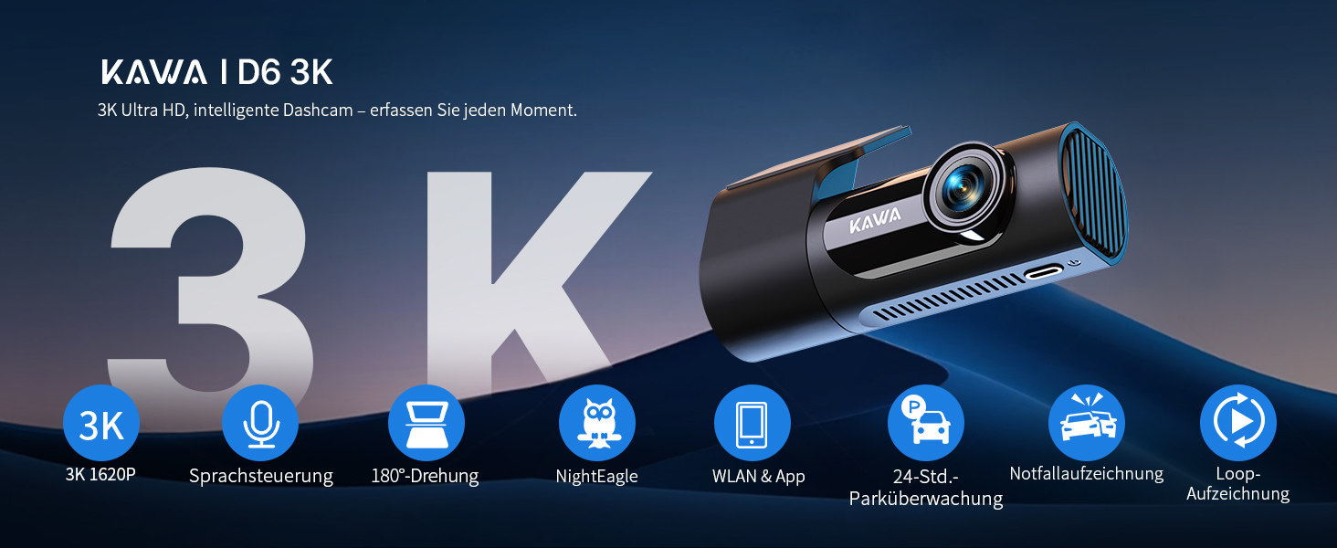 Автомобільний відеореєстратор KAWA 3K з SD-картою 32ГБ, голосовим керуванням, Wi-Fi та App, режим паркування 24/7, G-сенсором та нічним баченням для авто, вантажівок та SUV — Чорний