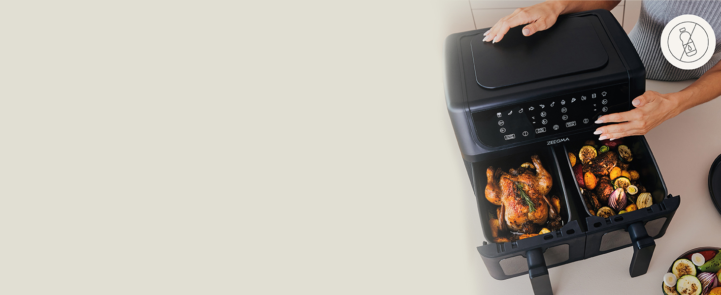 Фритюрниця з гарячим повітрям ZEEGMA KNAPPER DUAL, 1700 Вт, 2 відсіки, 9 л, таймер 60 хв, 11 програм, 60-200 °C, швидкий нагрів, сенсорне керування, чорний