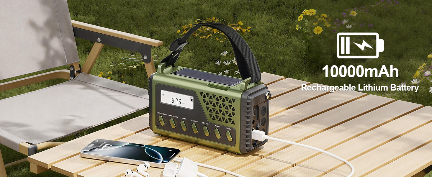 Сонячне радіо на ручку з Bluetooth, AM/FM/SW аварійне радіо з Powerbank 10000mAh, радіо на батарейках з SOS-сигналом, компас, LED-ліхтарик, лампа для читання, для відключення електроенергії, виживання, кемпінгу