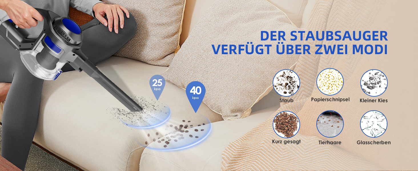 Бездротовий пилосос Authmic 40000Pa з акумулятором, час роботи до 50 хв, об'єм контейнера 1.6л, HEPA фільтр x4, для килимів, твердих підлог та шерсті тварин (блакитний)