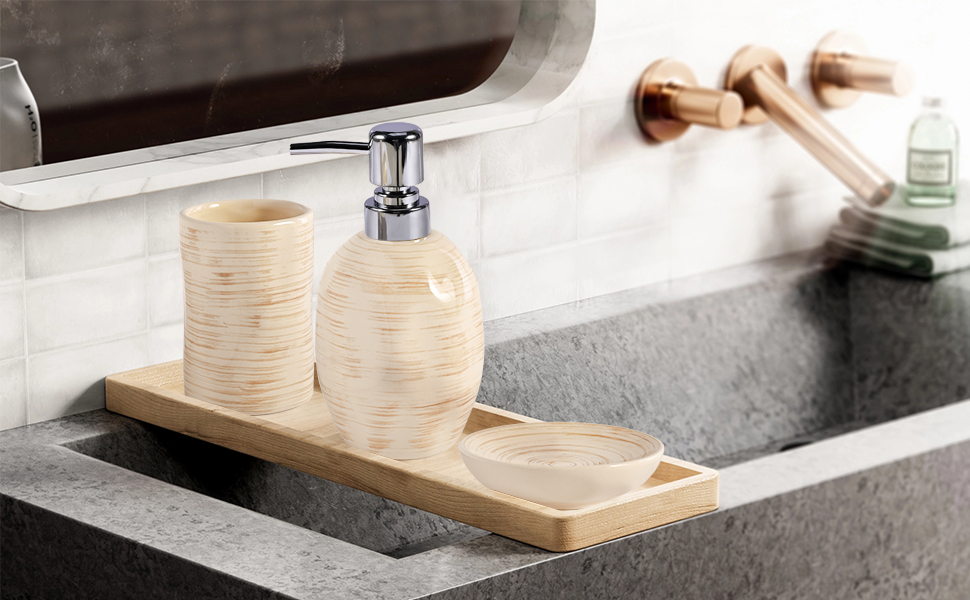 Набір для ванної кімнати на 3 предмети: органайзер з кераміки (тримач для зубних щіток, дозатор мила, мильниця), стильна декор у стилі бохо, мармурова текстура, бежевий колір