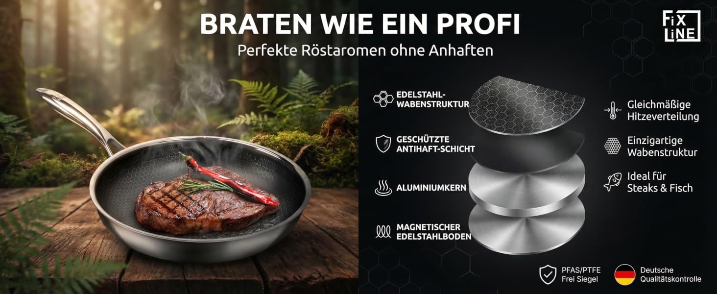 Сковорода FIXLINE Black Forest 28 см з антипригарним покриттям без PFAS - для всіх плит, включаючи індукцію, та духовки (до 230°C)