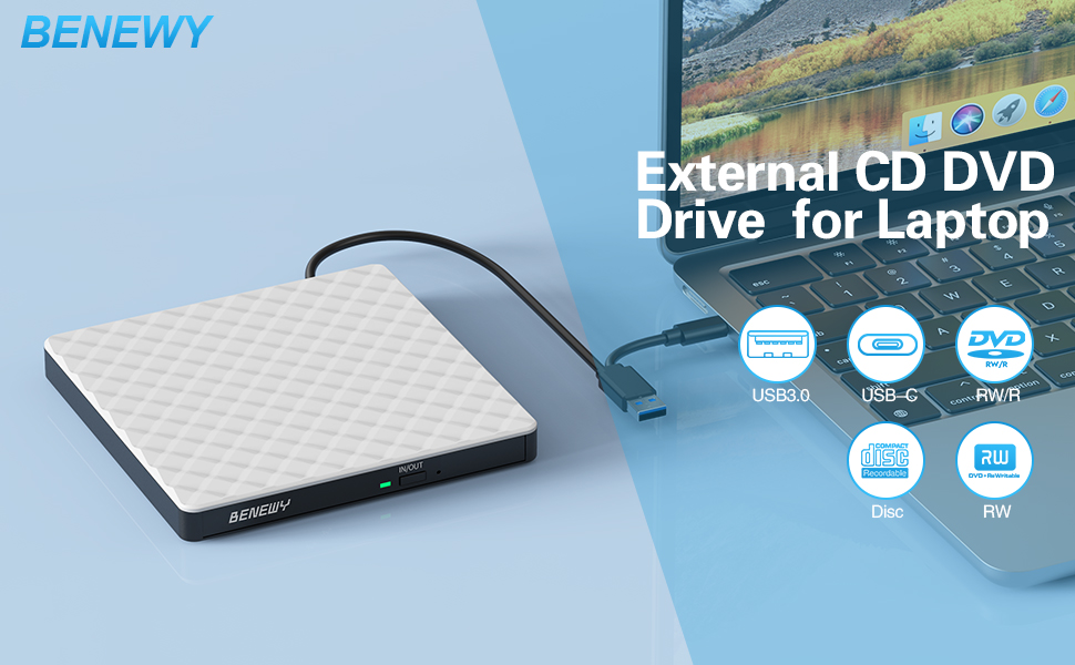 Зовнішній DVD-привід USB 3.0 та USB-C, CD/DVD Brenner для ноутбука та ПК (Windows, macOS, Linux), білий