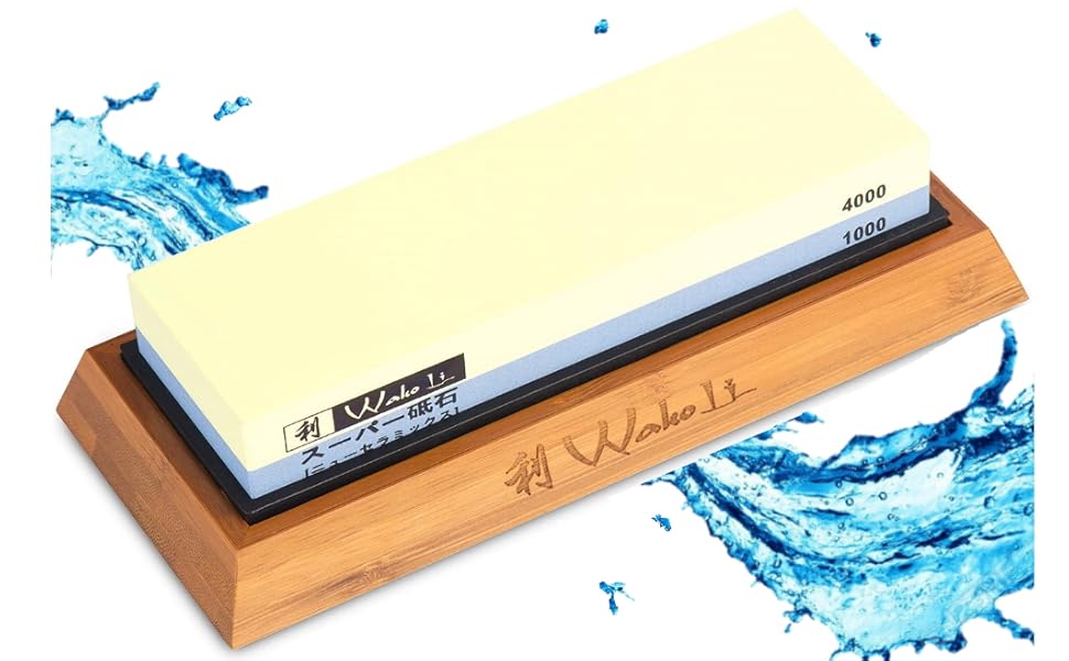 Двосторонній водний точильний камінь Wakoli 1000/4000 для заточування дамаських і сталевих ножів, набір із дерев'яною та силіконовою підставкою