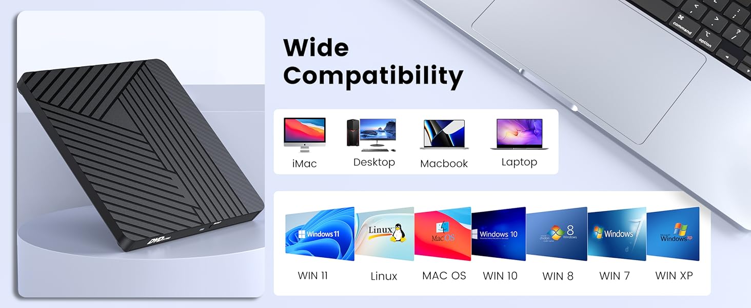 Зовнішній CD/DVD привід MOSWAG USB 3.0 та Type-C, оптичний багатофункціональний накопичувач +/-RW для PC, Mac, MacBook Pro, Linux, Win 11/10, чорний