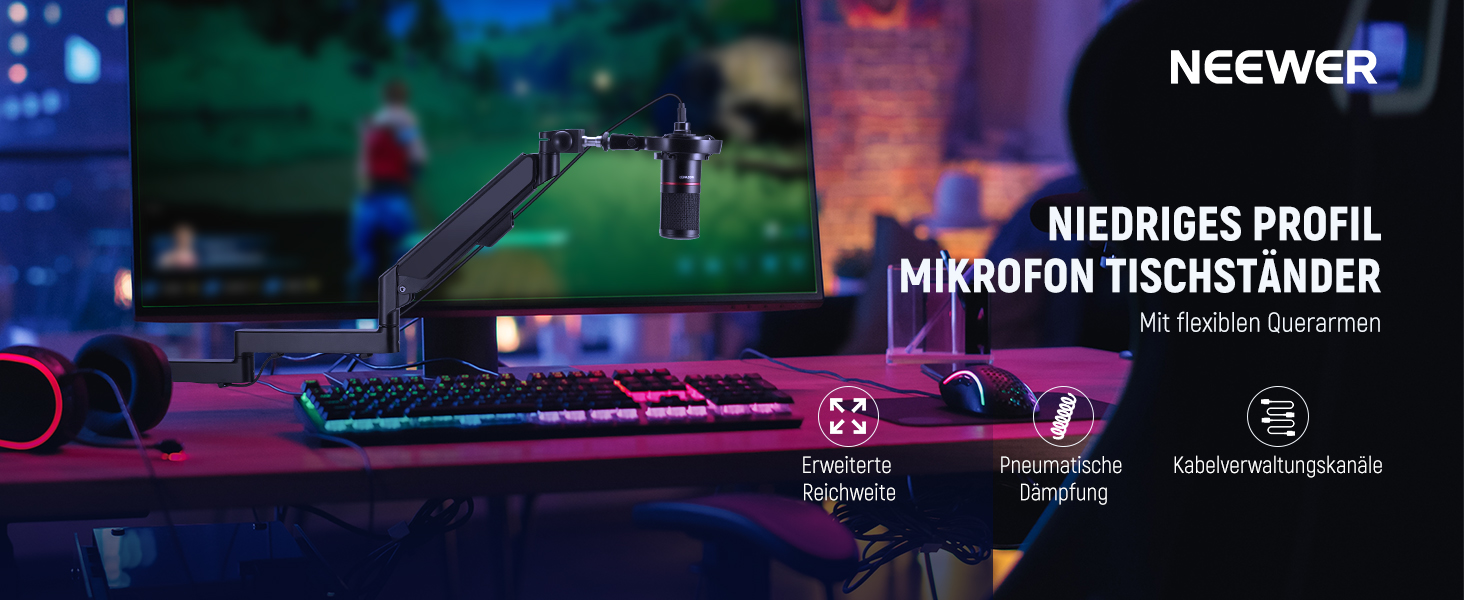 NEEWER Тримач для мікрофона MS002 - настільний, з демпфером, поворотний, з кабелеуправлінням, для подкастів, ігор, стрімінгу