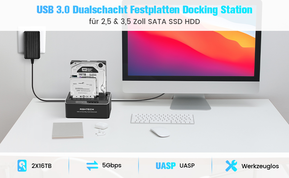 Док-станція для жорстких дисків RSHTECH Dualschacht, USB 3.0, алюміній, підтримка 2.5/3.5 SATA HDD/SSD, 2 x 16TB, Offline-Klonування, RSH-DS01