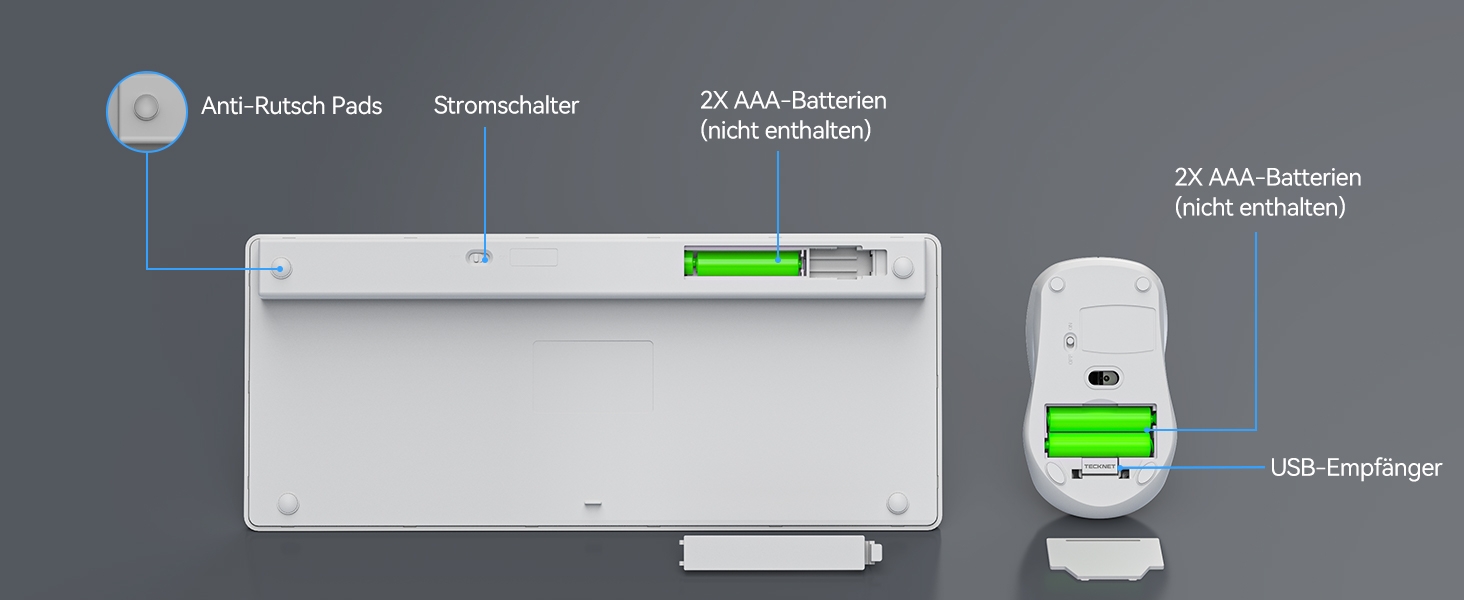 TECKNET Бездротовий комплект клавіатури та миші, QWERTZ, 2.4 GHz, 15м, тиха клавіатура та миша для ПК, ноутбука, Smart TV, білий