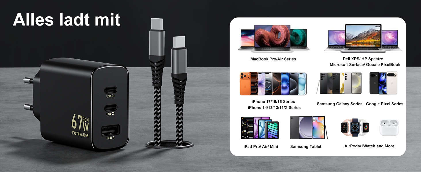 Зарядний пристрій USB-C 67W 3-Port PD PPS для MacBook, iPhone, Samsung Galaxy, iPad, Pixel - Чорний