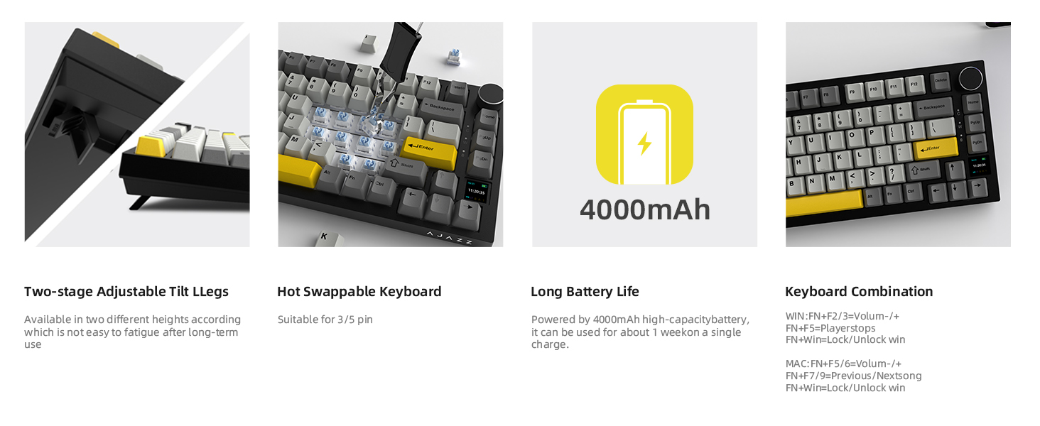 Механічна клавіатура YINDIAO AK820 PRO з TFT дисплеєм та кнопкою, 2.4G Wireless/BT5.1/USB-C, 75% ANSI, Hot-Swap, лінійний перемикач, RGB-підсвітка, для PC/MAC (Сірий)