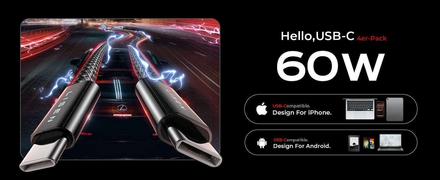 Набір USB-C кабелів LISEN 60W (4 шт.): 0.5м, 1м, 1м, 2м. Підтримка PD 3.0. Сумісний з iPhone, Switch, Samsung, Pixel, MacBook, iPad, Xiaomi. Чорний.