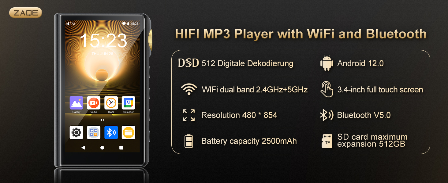 HiFi MP3 плеєр ZAQE з Bluetooth та WiFi, Android 12, Lossless DSD DAC, підтримка Flac, 64GB карта пам'яті (до 512GB), чорний