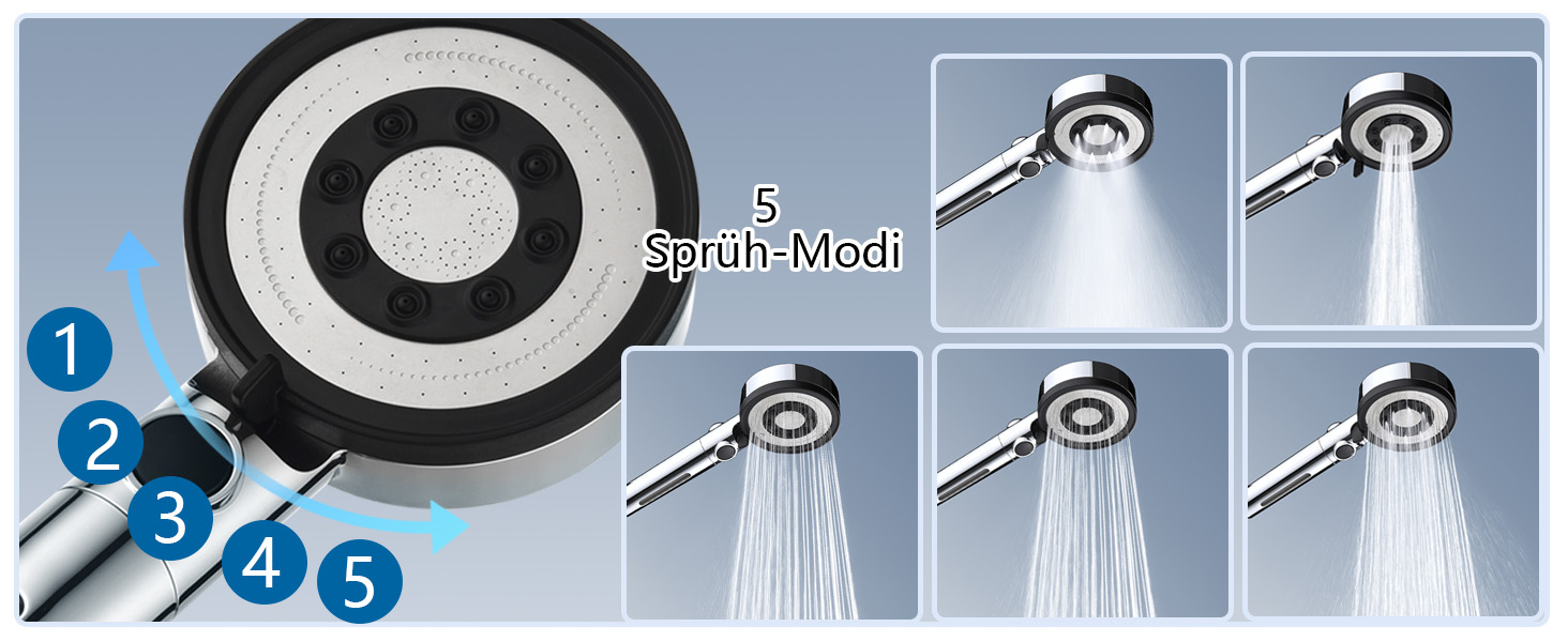 Fall Shower Head with Filter - High-Pressure Handheld Showerhead, Water-Saving with 1.5M Hose, Shower Head with 5 Spray Patterns and Stop Function, Shower Head with Hose, Chrome