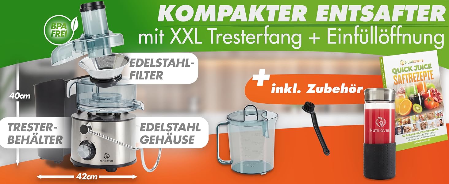 Центрифужна соковижималка Nutrilovers QUICK-JUICER MAX для овочів та фруктів, 800 Вт, XXL завантажувач, сталевий фільтр, зовнішній контейнер для м'якоті, BPA-free, з пляшкою та книгою рецептів