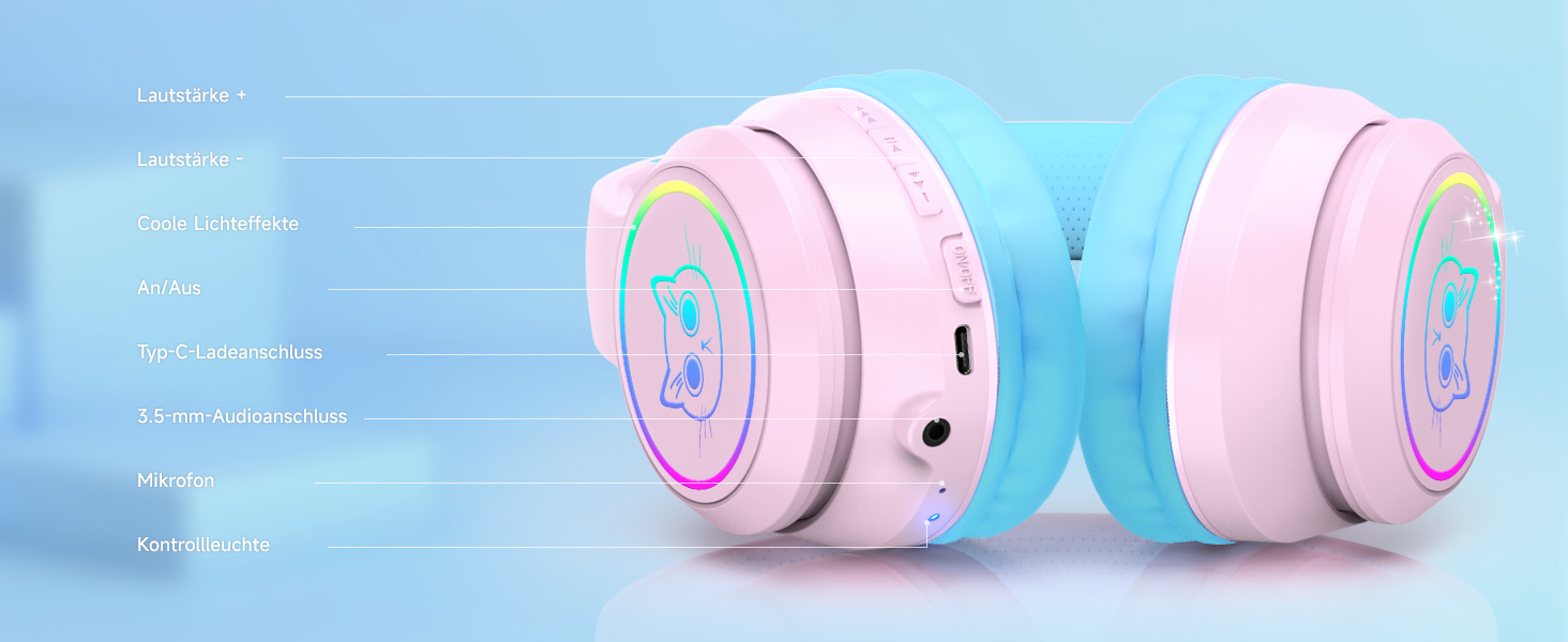 Дитячі навушники LOBKIN бездротові Bluetooth з сумкою, складні, регульовані, Over-Ear, рожево-блакитні - для школи та подорожей