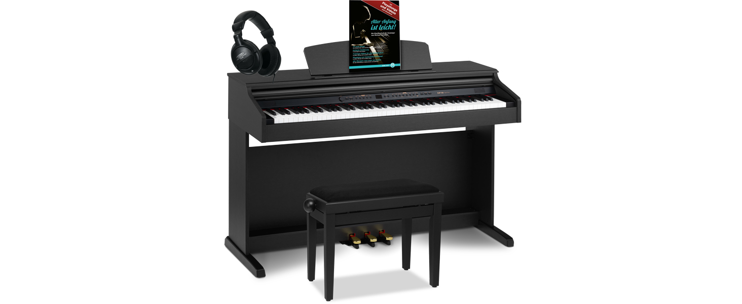 Цифрове піаніно Cantabile DP-50 SM E з 88 клавішами та молоточковим механізмом, 14 голосів, USB, 3 педалі, роз'єми для навушників, підставка для нот - в комплекті банкетка, навушники, навчальний курс - чорний матовий