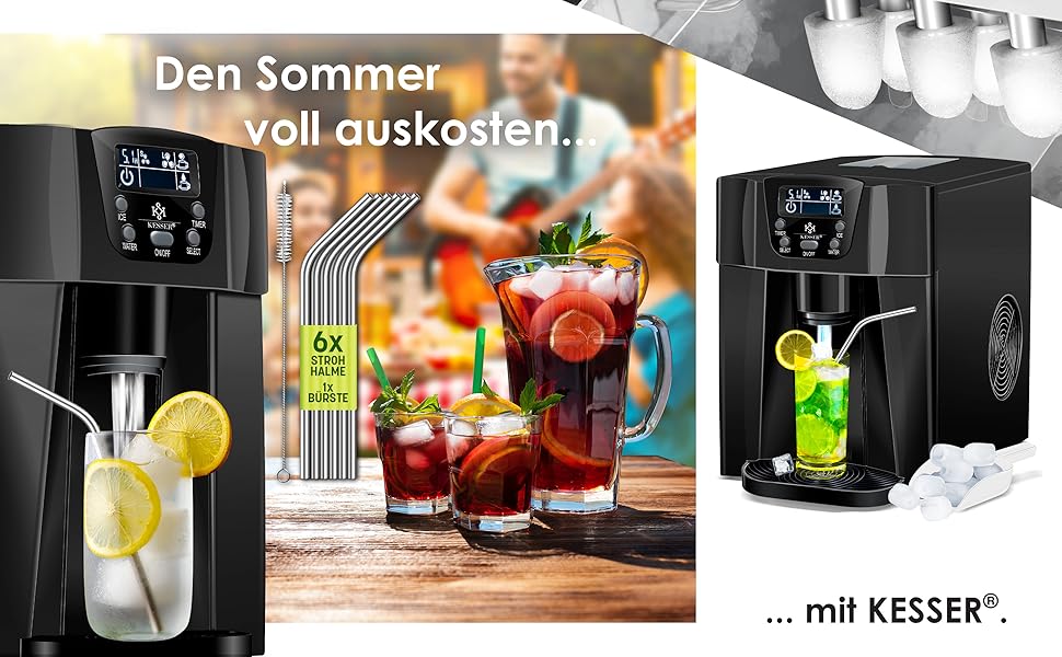Машина для приготування льоду KESSER® з нержавіючої сталі, 100W, 12 кг/24 год, 2 розміри кубиків, 6 хв приготування, 2 л резервуар, таймер, LCD-дисплей, чорний