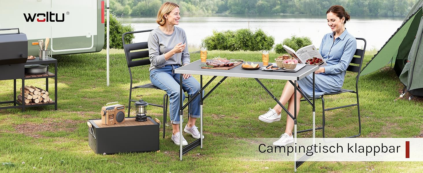 Складаний стіл Woltu для кемпінгу та відпочинку на природі 100x60 см, регульована висота, алюмінієвий і MDF, сірий