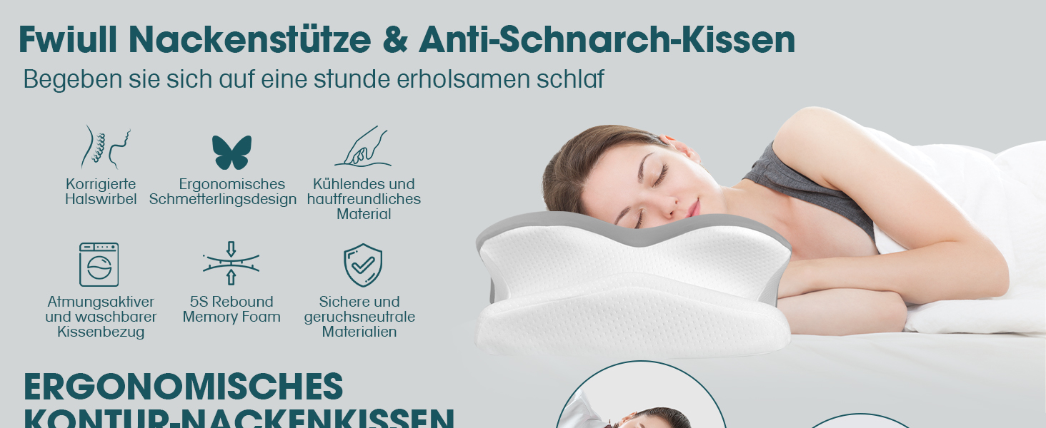 Ортопедична подушка для шиї Fwiull, подушка від хропіння, з піною з пам'яті, ергономічна, для сну на боці, спині та животі