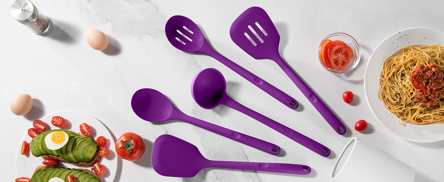 U-Taste набір кухонних силіконових лопаток і ложок, 5 шт, довгі, термостійкі до 315°C, без BPA, антипригарні, для змішування, смаження, фіолетові