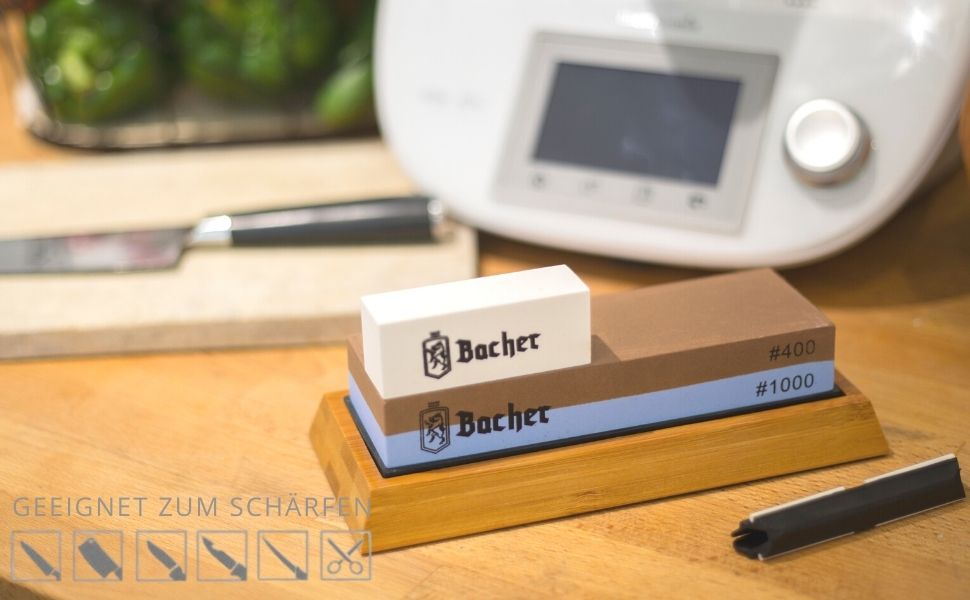 Преміум точильний камінь Bacher Schleifstein, двосторонній, зернистість 400/1000. Точило для ножів з бамбуковою підставкою, точильний камінь, допомога у заточуванні та детальна інструкція.