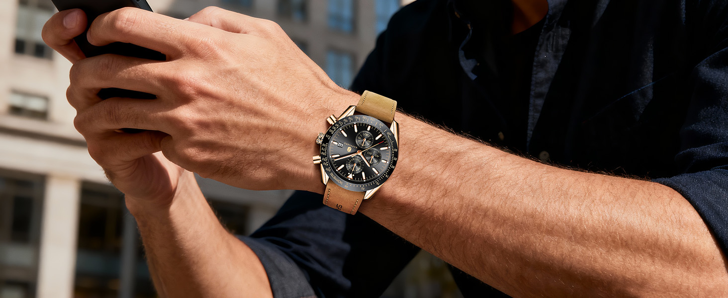 Годинник чоловічий BENYAR Chronograph з аналоговим кварцовим механізмом, шкіряний ремінець, стильний дизайн для бізнесу та спорту, водонепроникність 30M, елегантний подарунок для чоловіків (чорний ремінець/рожево-золотий корпус/чорний циферблат)