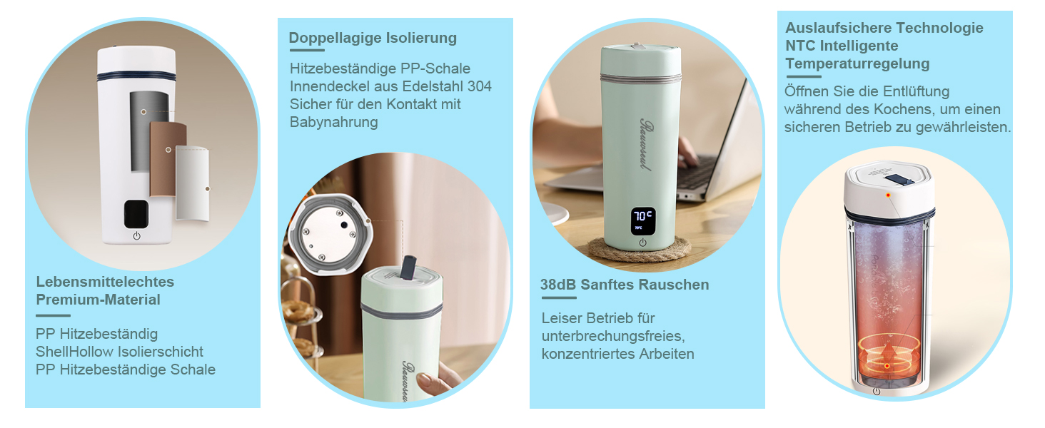 Електричний чайник Glas Elektrisch Wasserkocher 0,6L 500W з регулюванням температури 40-75°C, таймером, сенсорним керуванням, BPA-free, компактний для дому/кемпінгу, підходить для чаю/кави, білий (Grün Pro)