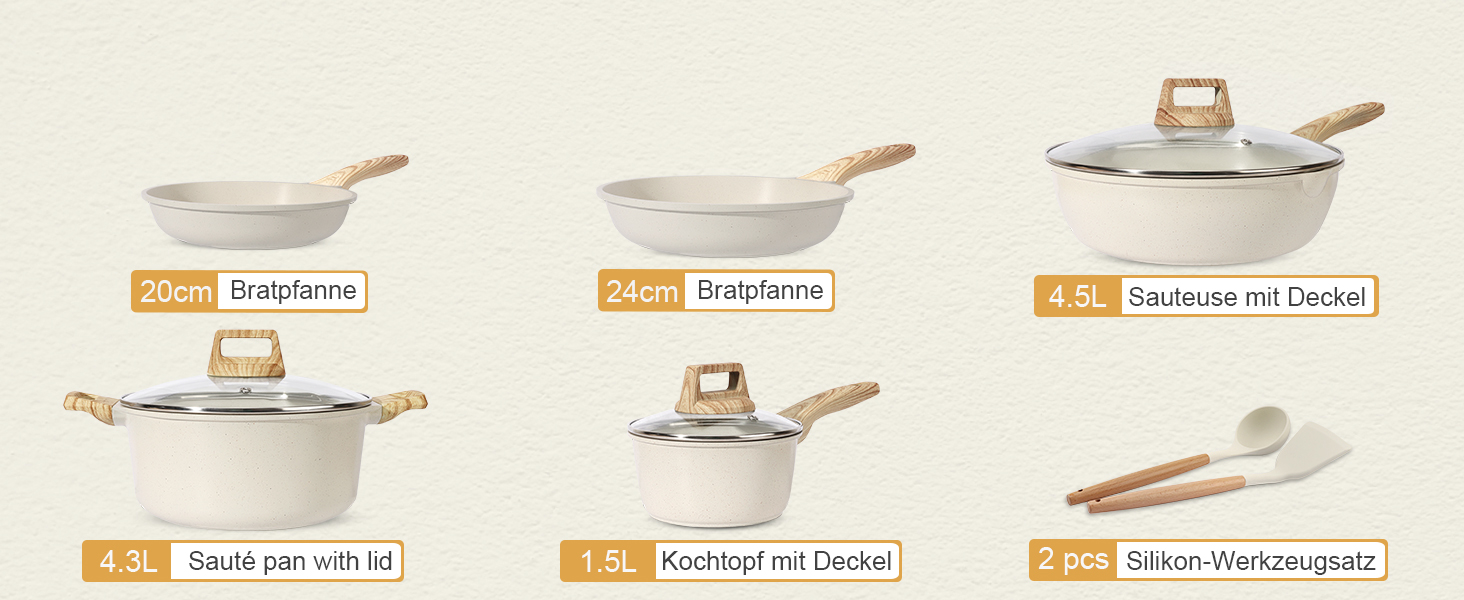 Набір посуду GiPP 10 предметів: каструлі та сковороди з гранітним покриттям, білий. Підходить для всіх типів плит, включаючи індукційні. У комплекті лопатка та ложка.