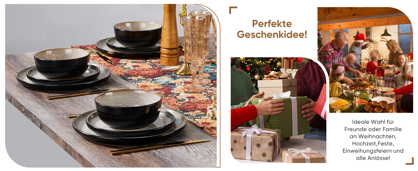 Набір посуду HaWare на 6 осіб, 18 предметів: тарілки, десертні тарілки, миски. З реактивною глазур’ю, стійкий до миття в посудомийній машині та використання в мікрохвильовій печі, бежевий колір.