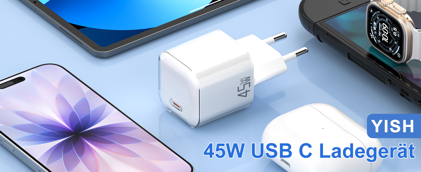 Зарядний пристрій USB-C YISH 45W з кабелем Type-C 60W: Швидка зарядка, PD 3.0, адаптер живлення для смартфонів та планшетів