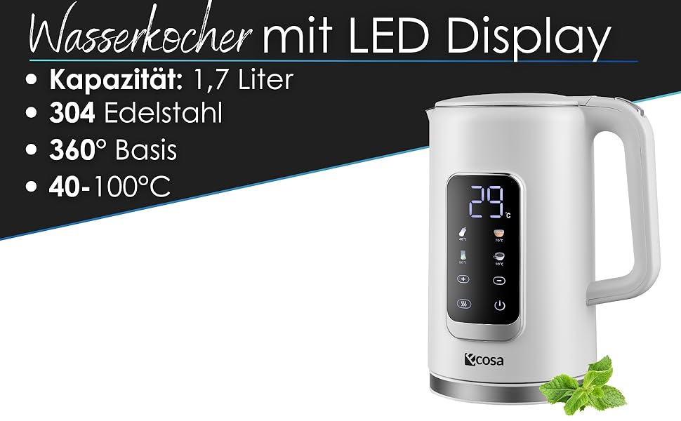 Електричний чайник-заварник зі сталлю, регулювання температури 40-100°C, 1,7 л, 2200 Вт, з підігрівом, LED дисплеєм, без BPA, білий Wanda