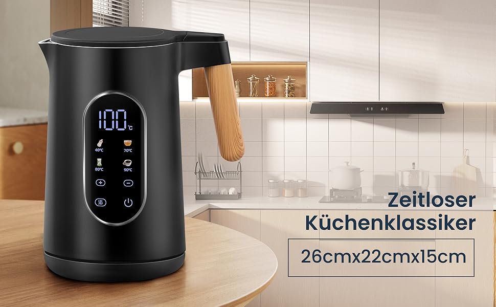 Електричний чайник VORSCH з нержавіючої сталі, 1,7 л, 2200 Вт, регулювання температури, підтримання тепла, захист від сухого кипіння, LCD-дисплей, поворотна база 360°, подвійні стінки, BPA-free, чорний з дерев'яною ручкою