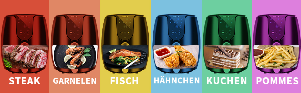 Фритюрниця без олії з 6 програмами приготування, LED-дисплей, книга рецептів, 1500W, чорна