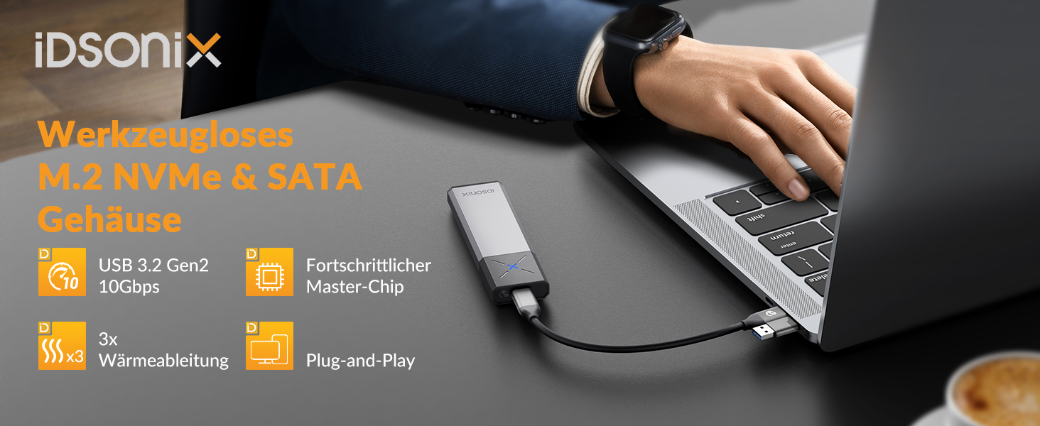Зовнішній корпус-адаптер iDsonix M.2 NVMe та SATA SSD на USB 3.2 Gen 2 10Gbps, алюмінієвий, без інструментів, підтримка M-Key/B+M Key (2230/2242/2260/2280), сірий