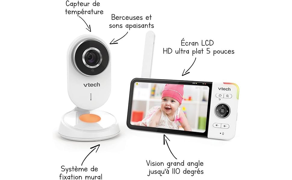 Vtech VM901-1W WiFi камера, дитячий відеомонітор з 5-дюймовим HD-дисплеєм, поворотна камера 1080P, мобільний додаток, широкий кут огляду 120°, сумісність з iOS та Android