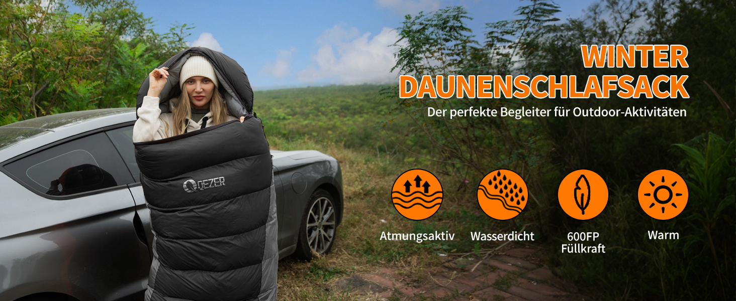 Спальний мішок пуховий зимовий, 600FP+ преміум пух, 12°C до -24°C, легкий та теплий для 3-4 сезонів, кемпінг, походи та трекінг, чорний