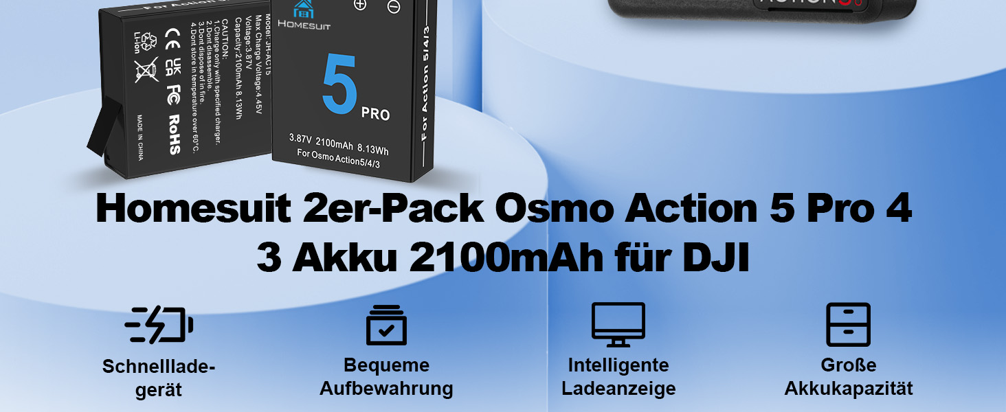 Набір акумуляторів та зарядного пристрою для DJI Osmo Action 4/3: 2x акумулятор 1800mAh + Dual USB LED зарядний пристрій